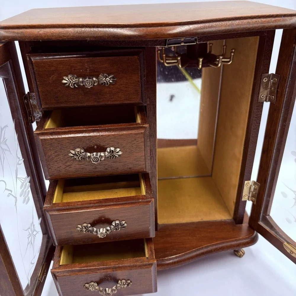 French Provincial Style Wooden Jewelry Armoire Chest Box Case Gold Glass Doors